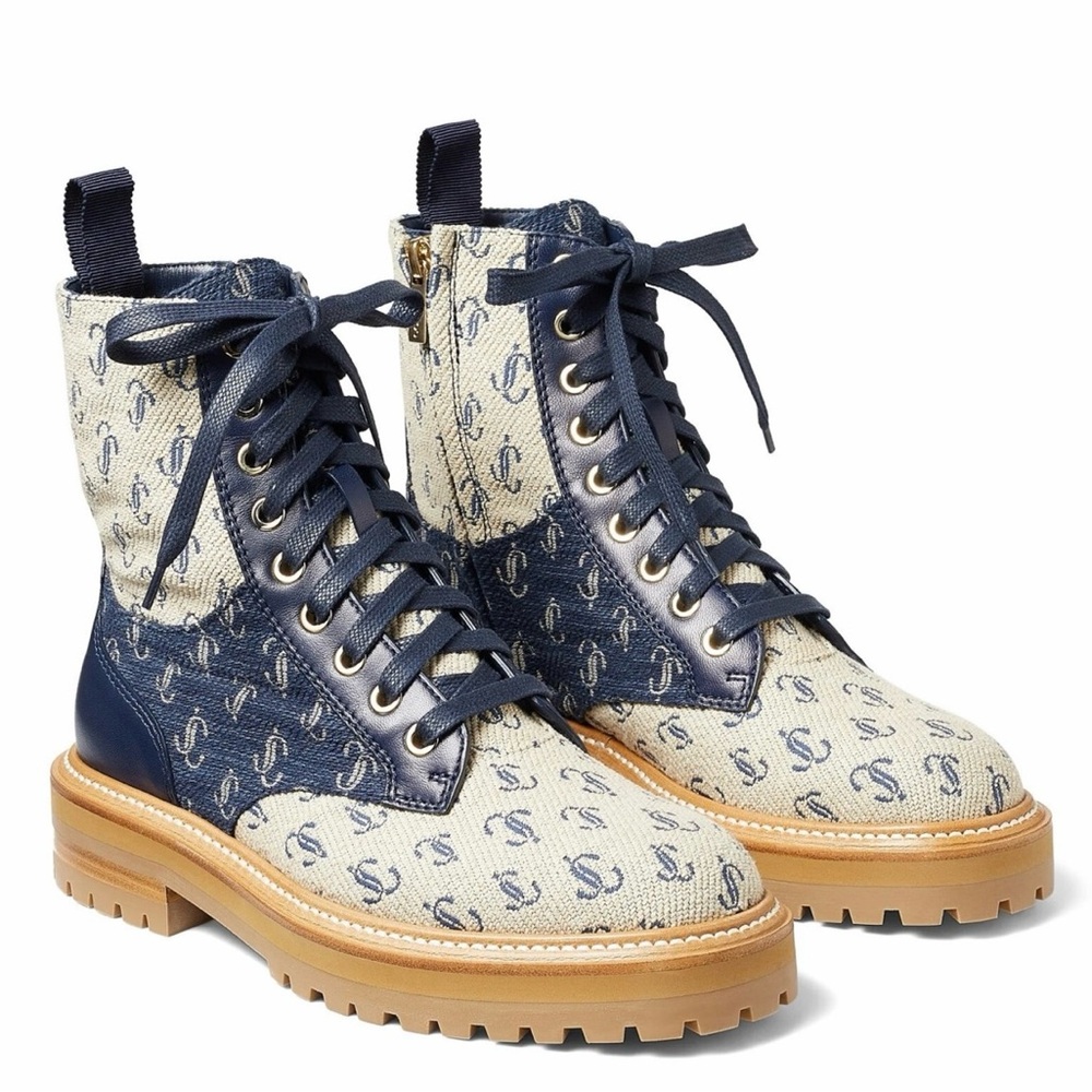 Jimmy Choo Navy and Cream Monogram Lace-Up Combat Boots
